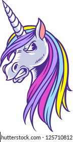 The illustration shows a beautiful but angry unicorn, that has a particularly beautiful mane.  svg