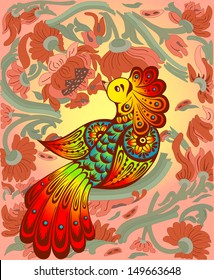 The illustration shows a beautiful fabulous bird against the background of a tree and flower.