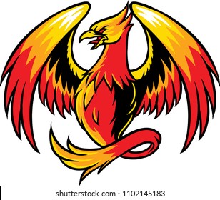 The illustration shows a beautiful Phoenix bird, that represents the symbol of eternal life. The Fire bird has an yellow color with reddish tones, a small beak and a beautiful long tail. 