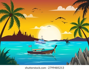 The illustration shows a beautiful sunset over a tropical body of water, likely in Thailand, given the presence of longtail boats adorned with Thai flags and distant temple architecture.