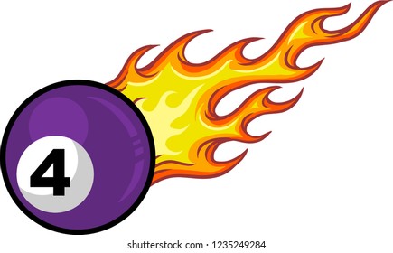 The illustration shows a billiard ball. Its color is purple and has printed number 4 on it. The flame expresses the speed of the billiard ball. 