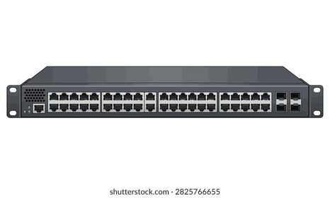 The illustration shows a black 1U rackmount network switch viewed from the front. It features two rows of eight ethernet ports, a small console port, a ventilation grille, and mounting brackets with screws. The panel is rectangular with a matte finish and visible metal construction.