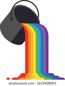 Illustration shows a black bucket pouring rainbow-colored paint in a smooth, continuous flow. The vibrant colors create a lively and dynamic visual effect, cheerful mood.