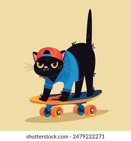 The illustration shows a black cat on a skateboard wearing caps.