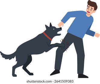 Illustration shows a black dog biting a mans pants in a defensive attack stance, highlighting tension and fear in the scene. Mood is intense.