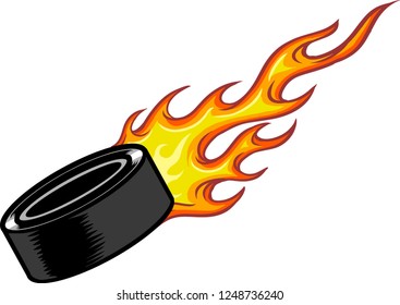 The illustration shows a black hockey puck. The yellow-red flame expresses the puck's speed.  