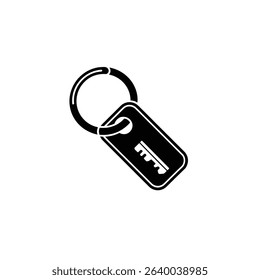 Illustration shows a black key with a rectangular fob attached to a ring. Key is visible inside fob. Graphic design, simple, isolated on a white background.