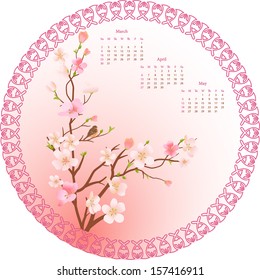The illustration shows the blooming cherry tree branch with one bird. Illustration serves as a backdrop for the three calendar months of springtime. Illustration is made on separate layers