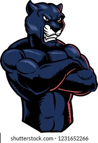 The illustration shows a blue male Panther. He has a strong body full of muscles , sharp fangs and an angry face. The Panther looks aggressive and dangerous.