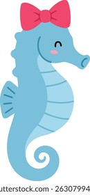 A ilustração mostra um cavalo-marinho azul com um arco rosa, sorrindo e virado para a direita com linhas simples e cores suaves, criando um humor lúdico e encantador.