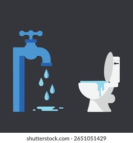 Illustration shows a blue water faucet dripping water drops into a white leaking toilet bowl with water pooling on the floor. Simple flat design with dark background, calm mood.