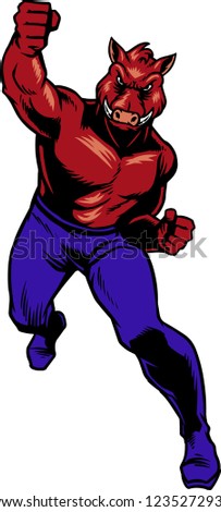 The illustration shows a boar that's throwing a punch. His body is covered with muscles and he has fangs. The boar looks angry and full of power, he wants to fight.