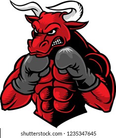 The illustration shows a boxing bull. He has a red color, an angry face and massive horns. He's wearing a pair of boxing gloves and he is full of aggressiveness,he is ready for the struggle.