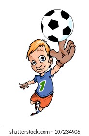 The illustration shows the boy footballer. He was a football goalkeeper and catching the ball.