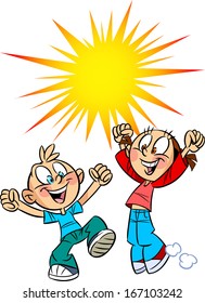 The illustration shows a boy and girl in joyful emotions. Illustration done in cartoon style, on separate layers.