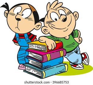 The illustration shows a boy and a girl near a pile of books. Illustration done in cartoon style, isolated on white background, on separate layers.