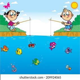 The illustration shows a boy and girl on the pond. They are passionate about fishing. In water swim different fish. Illustration done in cartoon style, on separate layers, there is room for text.