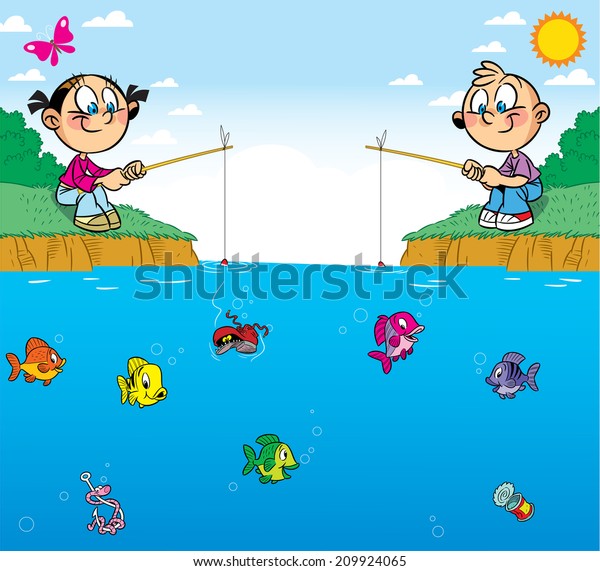 この図は池の上に男の子と女の子を示しています 彼らは釣り に情熱を持っている 水の中では違う魚を泳ぐ 別々のレイヤーにカートーンスタイルで描かれたイラストは テキスト用のスペースがあります のベクター画像素材 ロイヤリティフリー