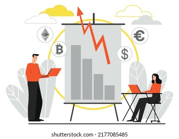 The illustration shows a boy and a girl studying financial risks, exchange rates and the behavior of currency in the market.