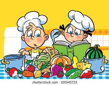 The illustration shows a boy and a girl. They cook in the kitchen.