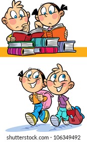 The illustration shows a boy and a girl. They go to school and read books at the table. Illustration done in cartoon style, and on separate layers.