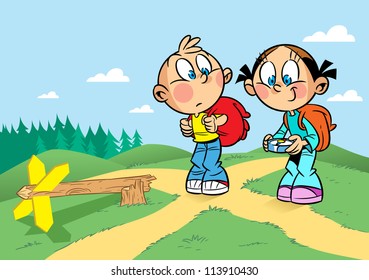 The illustration shows a boy and a girl tourists. They go on the hike. They have the backpacks on their backs. Girl determine the direction of the route by compass, because wooden pointer is broken.