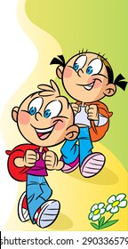 The illustration shows a boy and a girl tourists. They go to hiking with backpacks. Illustration done on separate layers, there is room for text.