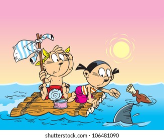 The illustration shows a boy and girl who play the game with adventures. They swim in the sea on a raft.