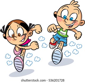 The illustration shows a boy and girl who run forward, isolated on white background