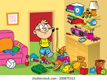 The illustration shows a boy on a background of interior children's room with toys. Illustration done in cartoon style.