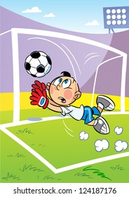 The illustration shows the boy on the football field. He is a goalkeeper and he catches the ball in the goal. Character is located against the stadium.