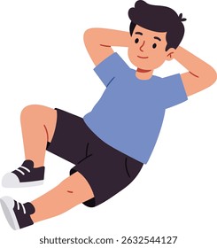 Illustration shows a boy performing side crunch exercise wearing blue shirt and black shorts. The image highlights fitness and health with a focused and active mood.