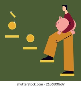 The illustration shows a boy with a piggy bank. He climbs the stairs collecting coins.
