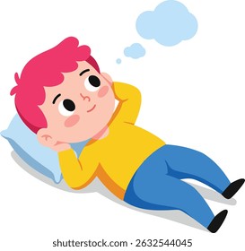 Illustration shows a boy with pink hair lying on a pillow, looking upward with a thought bubble above his head, expressing contemplation in a relaxed mood.