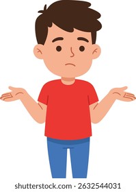 A ilustração mostra um menino com uma camisa vermelha e calças azuis encolhendo os ombros com uma expressão intrigada, transmitindo confusão e incerteza em um estilo simples. Humor calmo.