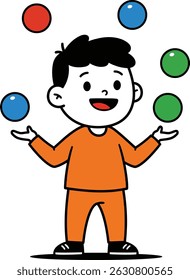 Illustration shows a boy wearing an orange outfit juggling four colorful balls with happy expression, conveying energy and playfulness in a cheerful style.