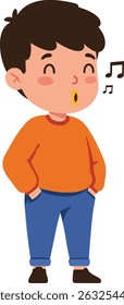 Illustration shows a boy whistling with musical notes nearby, standing relaxed with hands in pockets, dressed in an orange sweater and blue pants, conveying a calm, cheerful mood.