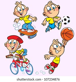 The illustration shows a boy who is engaged in several sports. Illustration done on separate layers, in a cartoon style.