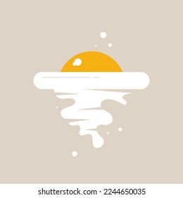 Illustration shows a broken chicken egg in the form of a sun. Image of scrambled eggs. Conceptual vector illustration