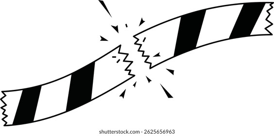 Illustration shows a broken striped barrier tape symbolizing caution or restricted access, presented in black and white with clear lines in vector style. Simple and clear mood.
