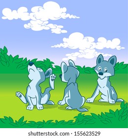 The illustration shows a brood small wolfling. They play in the meadow. Illustration done in cartoon style, on separate layers.