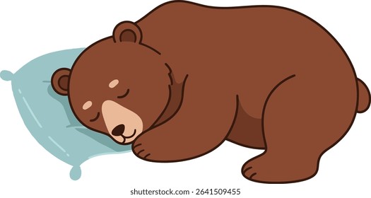 Illustration shows a brown bear sleeping soundly on a blue pillow with a peaceful and calm mood. The scene conveys relaxation and restfulness.