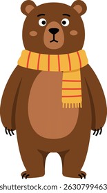 Illustration shows a brown bear standing upright wearing a yellow and orange striped scarf, expressing a neutral mood in a clear and simple design.