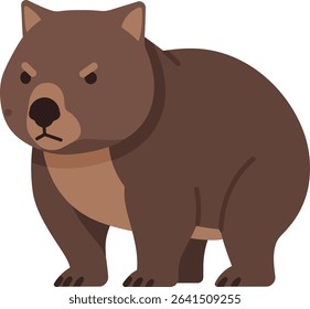 Illustration shows a brown bear standing with a serious expression in a simple vector style. The image conveys a natural and calm wildlife mood.