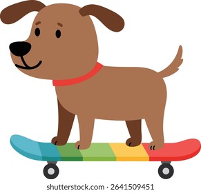 Illustration shows a brown dog with a red collar riding a rainbow-colored skateboard, capturing a playful and joyful mood in vector style.