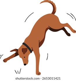 Illustration shows a brown dog wearing a collar digging in grass with a wagging tail, conveying playful and energetic mood.