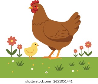 Illustration shows a brown hen and yellow chick walking on green grass with pink and white flowers in a simple flat style, creating a calm and peaceful mood.