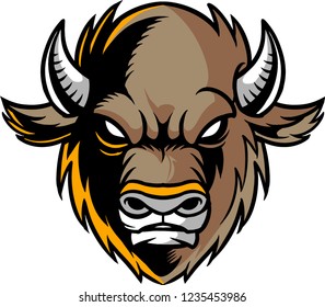 The illustration shows a Buffalo face. He has small horns, an angry face and brown fur color. 