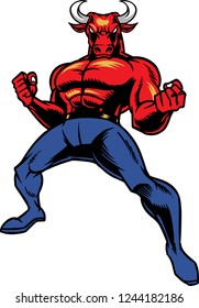 The illustration shows a bull that wants to fight. His body has a red color and it's covered with muscles. His strong body, his long horns and his angry face make him to look invincible.