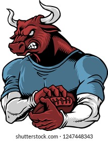 The illustration shows a bull that's playing rugby. He's strong, he has an athletic body shape and he's wearing a uniform. The bull is ready to throw the rugby ball. 